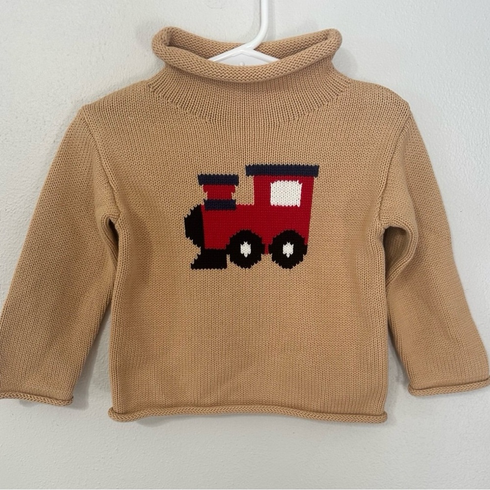 Mud Pie Tan Knit Sweater with Red Train NWT